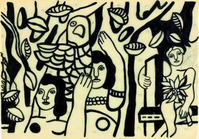 Fernand Léger (1881-1955), Les femmesauxperroquets, cca. 1950 inkoust a pero na prusvitném papíre, 53,3 x 60 cm Fernand Léger (1881-1955), Les femmesauxperroquets, cca. 1950 inkoust a pero na prusvitném papíre, 53,3 x 60 cm